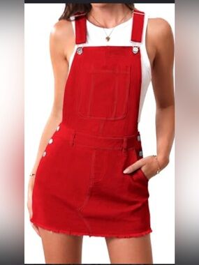 Elleven Overall Mini - Women’s Red Denim, Bib Mini Dress. Size XLarge. NWT